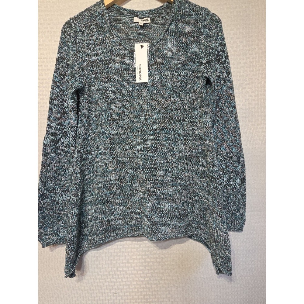 Sonoma Womens Teal Brown Ivory Knit Pullover Sweater NWT High Low‎